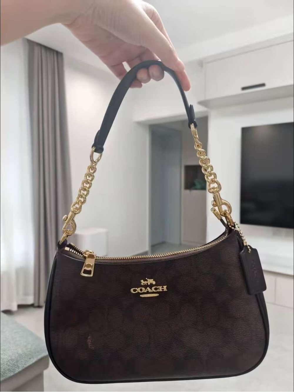 Coach Brown Signature Shoulder Bag with Gold Hardware